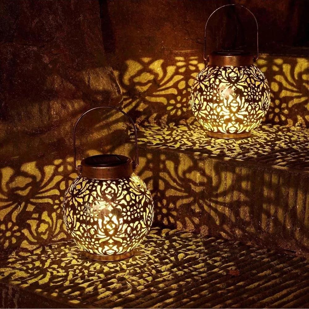 Solar Moroccan Lantern | LED Waterproof Tabletop Light with Handle | Portable Camping/Patio Decor | Auto Dusk-to-Dawn