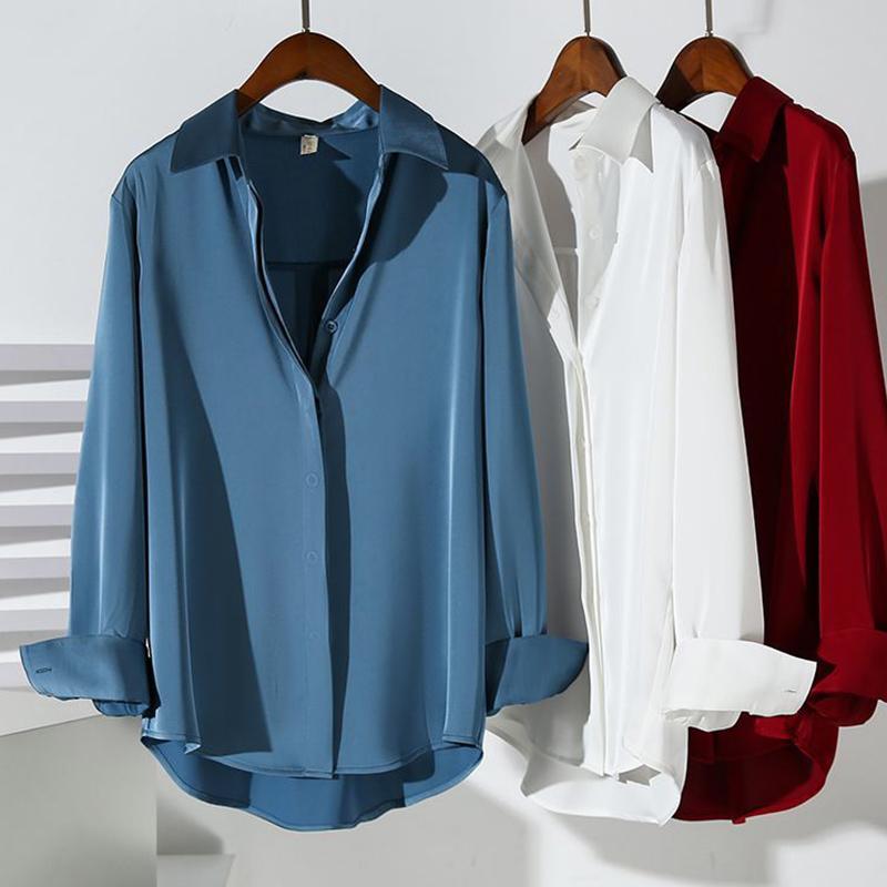 Solid Color Satin Blouse Female Fashion Office Lady Turn-down Collar Long Sleeve Shirts Spring New All-match Buttons Loose Tops