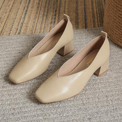 Zapatos Nuevos para Mujer Tacones Gruesos Zapatos de Salón Diseño Conciso Cuero Suave Zapatos de Tacón Alto Zapatos de Vestir Diarios OL