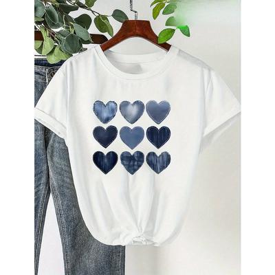 European Size Plus Size Women's Heart Print Round Neck Short Sleeve Comfortable Home T-Shirt