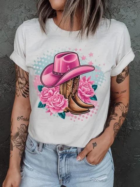 Western Cowboy Hat Boot Style Unisexs TShirt Fashionable Casual Short Sleeved Daily Street Round Neck T Shirts Unisex Clothes