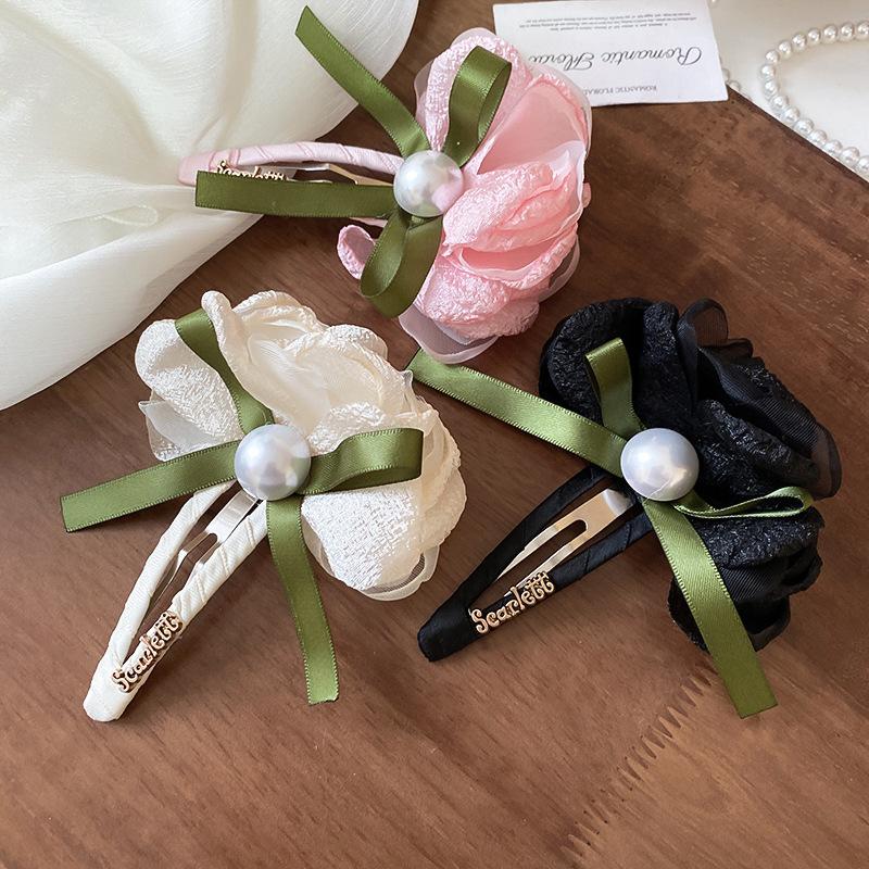 Early spring pearl bow mesh flower hairpin female fresh and sweet versatile BB clip atmosphere side clip hair accessories