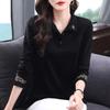 Spring Autumn Women's Vintage Embroidery Polo Collar Elegant T-shirts Casual Long Sleeve Loose Tops