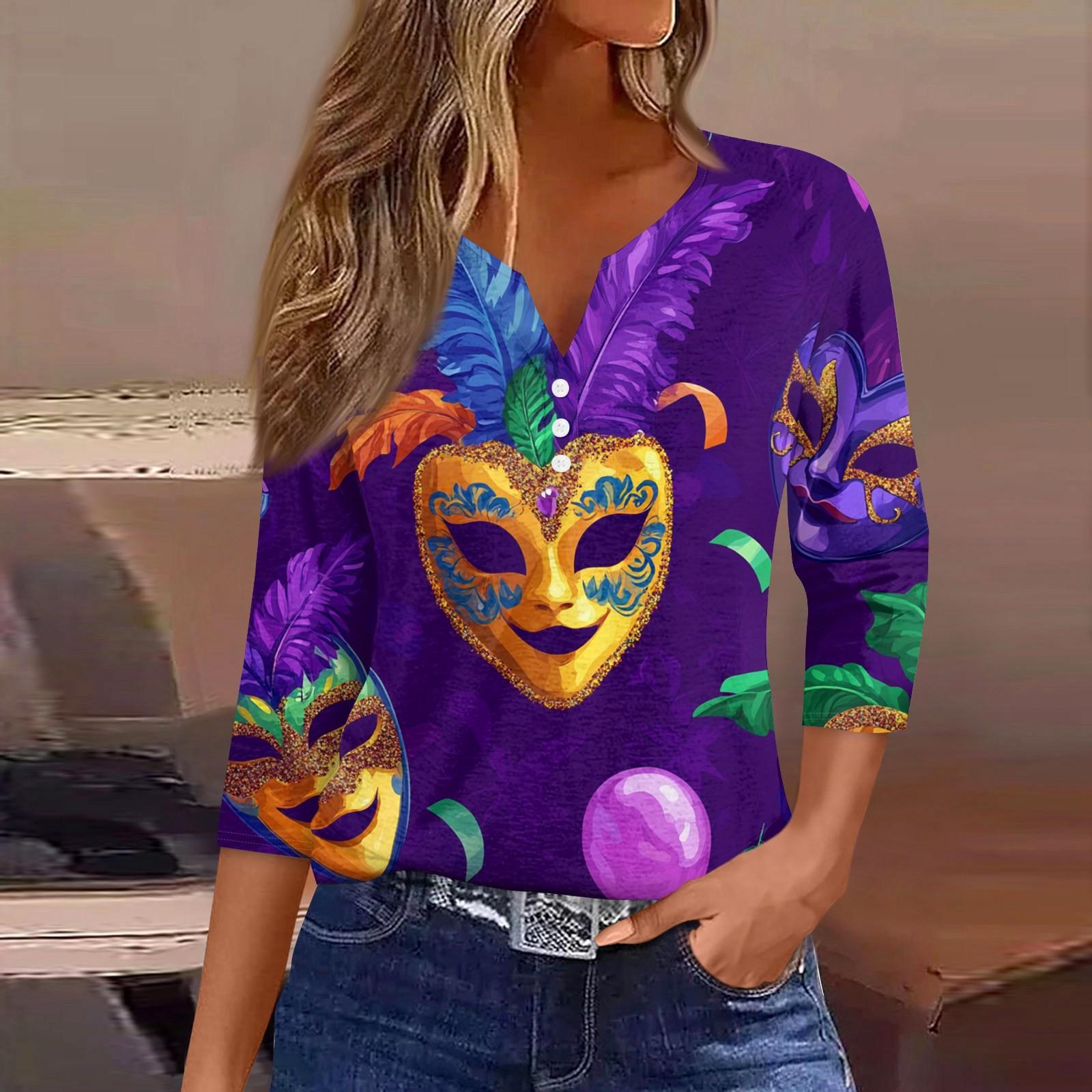 

Женская модная повседневная футболка с V-образным вырезом и рукавом семь четвертей, топ с карнавальным принтом и пуговицами XL жёлтый