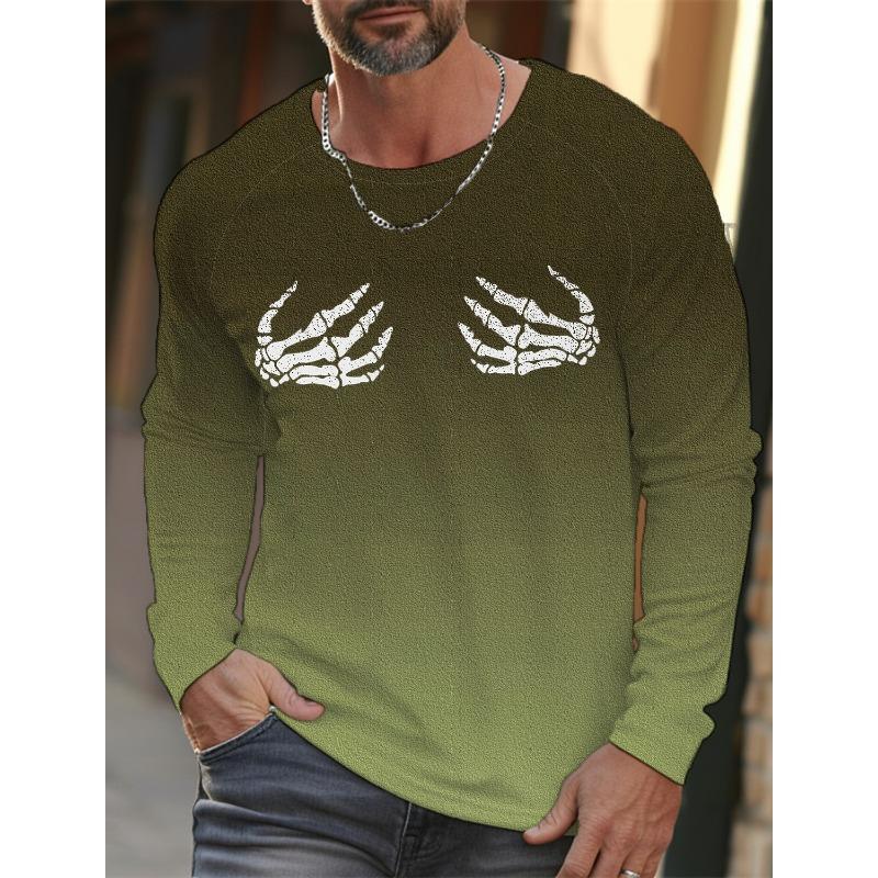 Skull Hand Printed Pullover Autumn and Winter Men's Casual Long Sleeve Round Neck Sweatshirt Gradient Color Men's Clothing