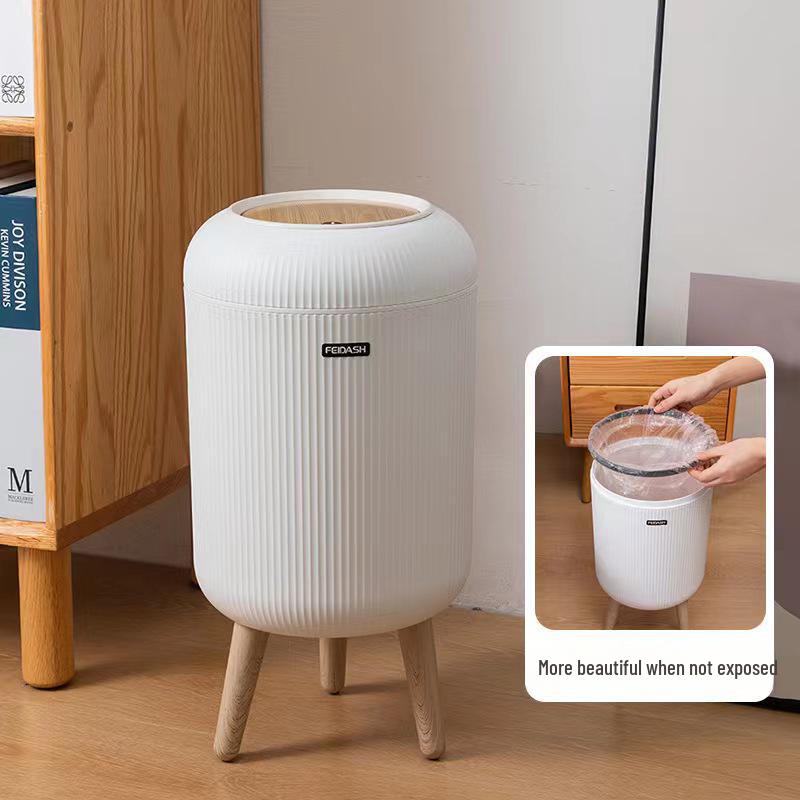 Round High-Foot Trash Can with Wood Grain Lid - Large Capacity for Kitchen & Bathroom