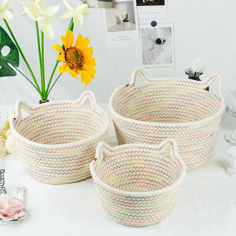 Cat Ears Desktop Storage Basket Handwoven Cartoon Storage Basket Living Room Key Cotton Rope Storage Basket Storage Basket