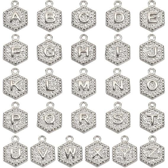 Pandahall 104 шт. Буквы-бусины из нержавеющей стали 304, Шармы-буквы Алфавит A-Z, Подвески-буквы для DIY Ожерелья Браслета Изготовления Украшений (Золотой и Silver - Hexagon