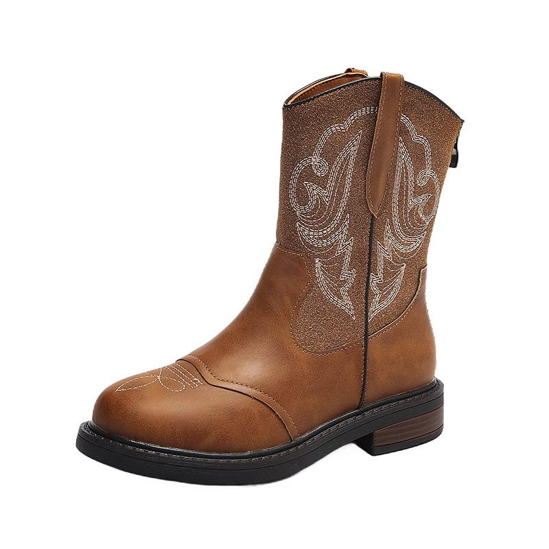 Retro Embroidered Western Cowboy Boots for Women Autumn and Winter Round Toe Low-heeled Boots with Zipper