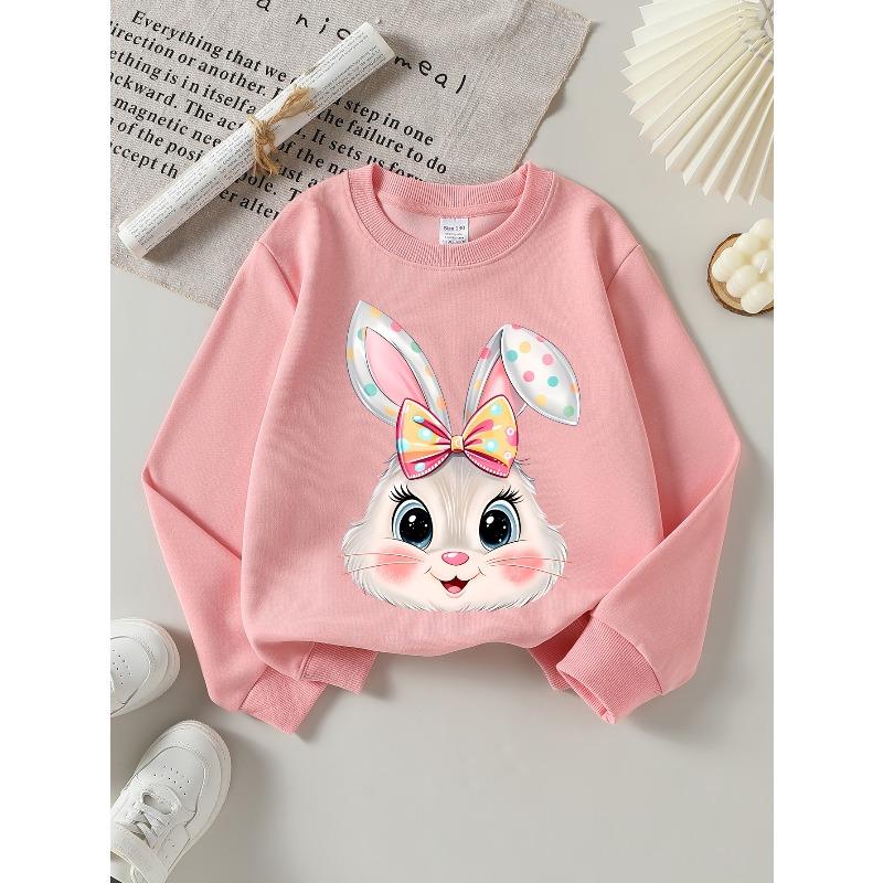 Kids Unisex Crewneck Sweatshirt, Cute White Bunny Head With Color Polka Dot Bow Cartoon Print Soft Fleece Pullover For Kids Over 4 Years Old