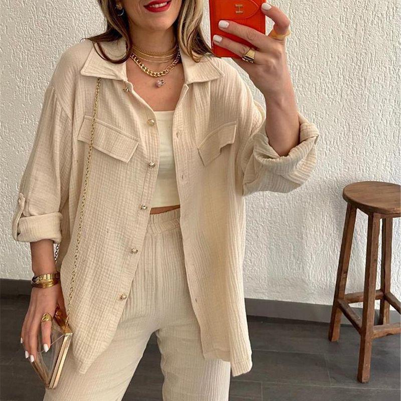 2024 Plus Size Women's Casual Crepe Loose Lapel Long Sleeve Shirt Set - European & American Style