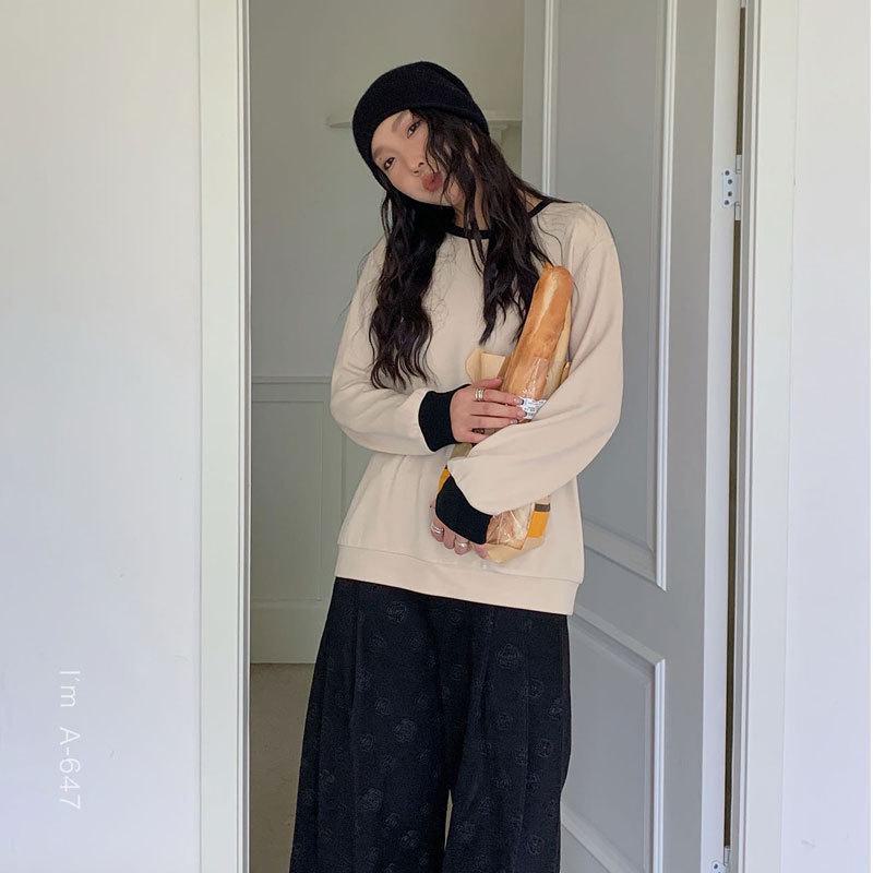 

Футболка-свитшот Du Xiaozhai Double-Spell Milkshake Contrast - узкий женский топ с круглым вырезом One Size