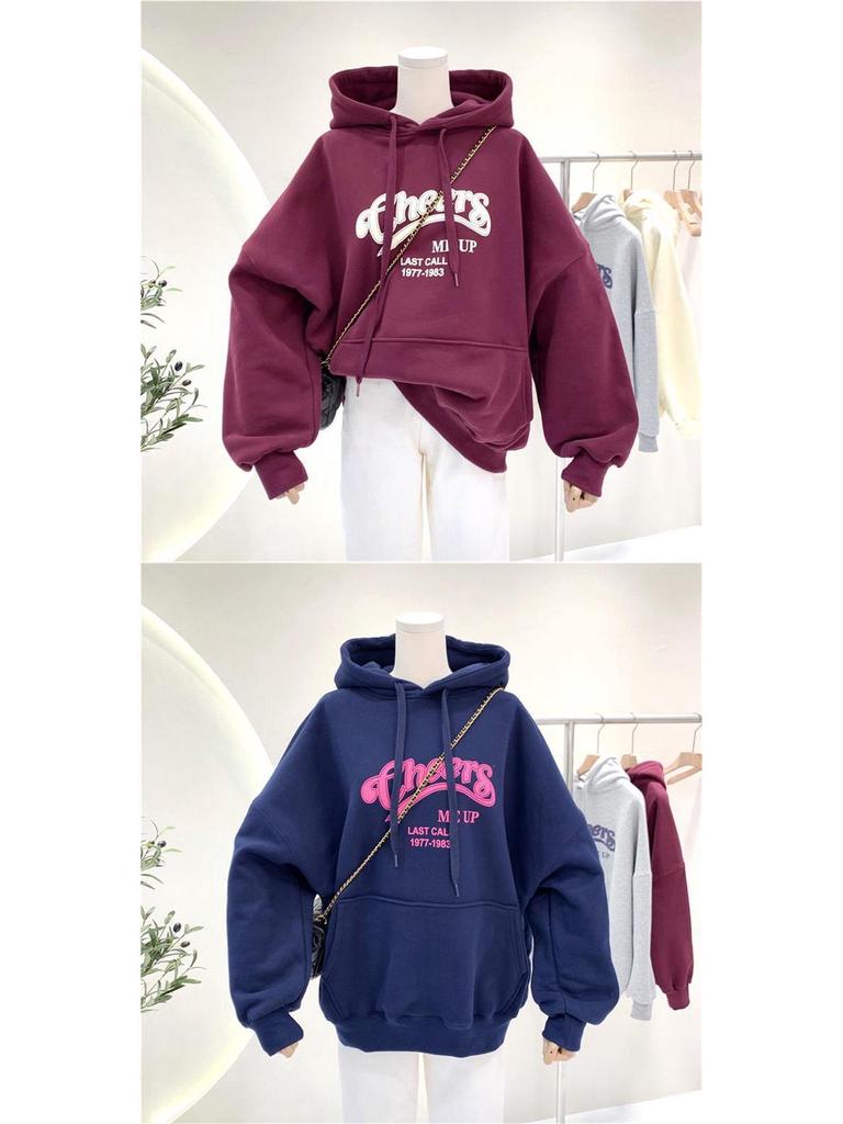 Women's Fleece-Lined Hoodie: Ulzzang Loose-Fit, Korean Style, Autumn/Winter 2025 Trend.