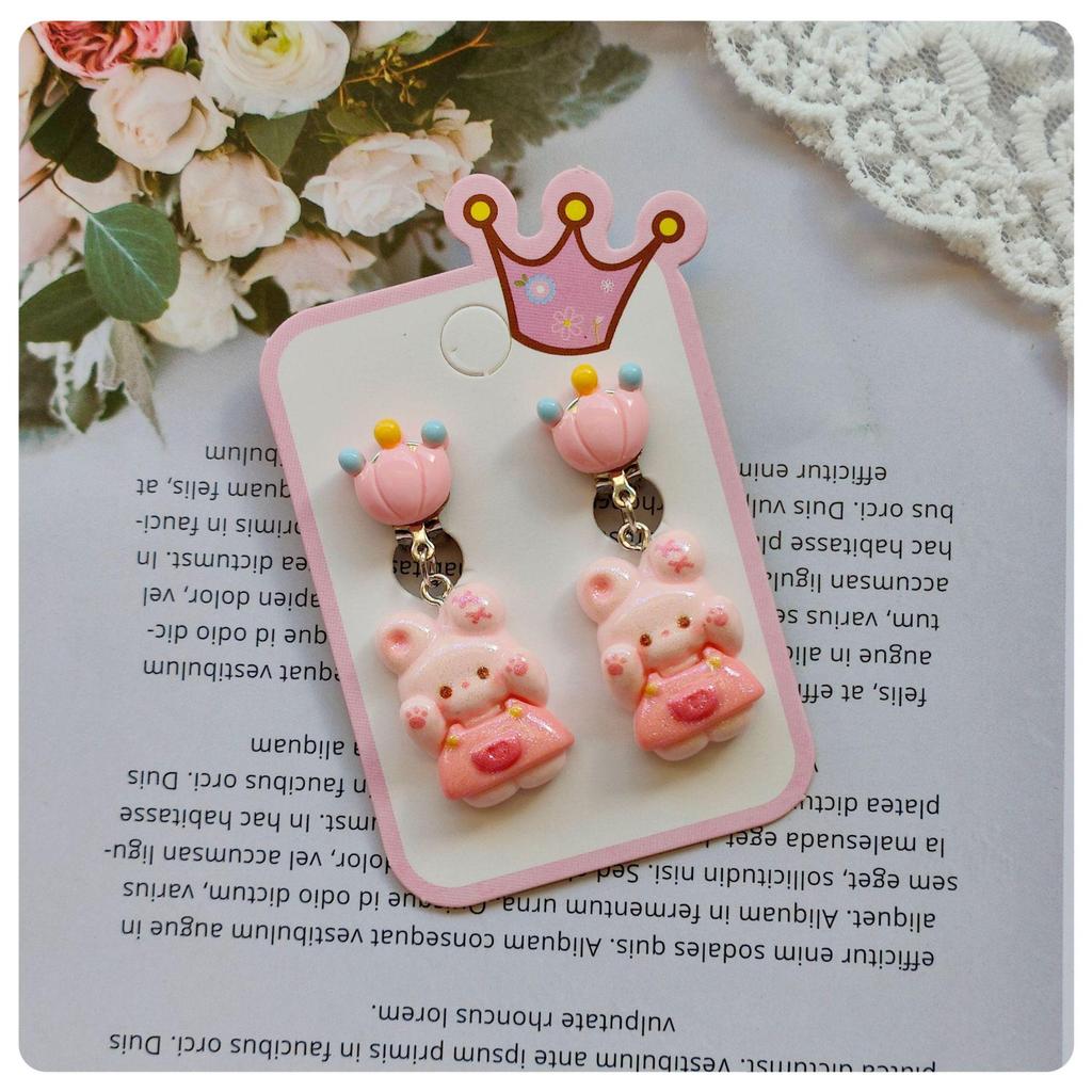 Children's Cartoon Colorful Crown & Animal Ear Clip Earrings