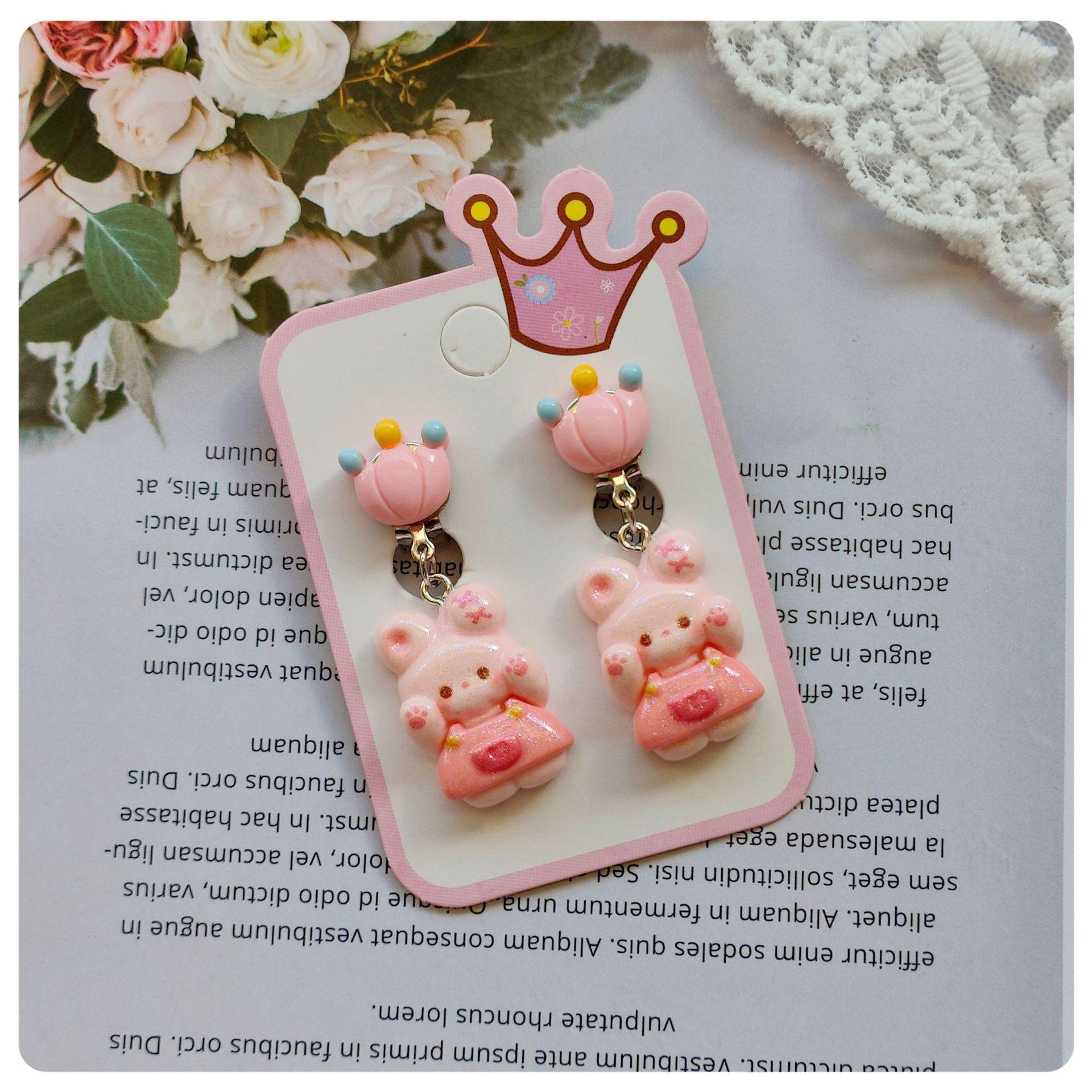 Children s Cartoon Colorful Crown & Animal Ear Clip Earrings