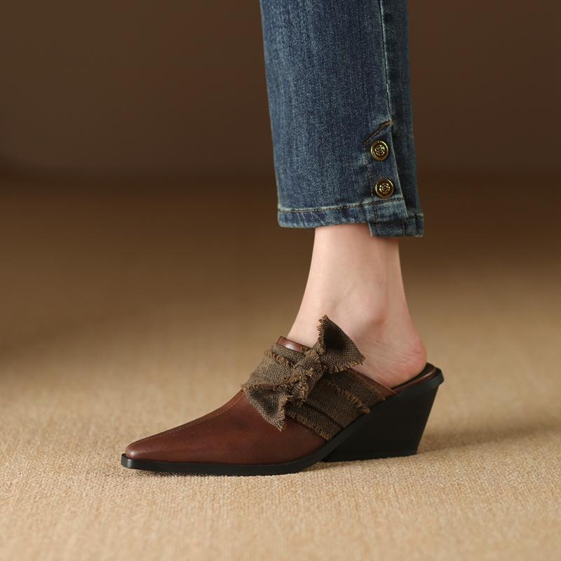 Fashion Women's New Summer Baotou Genuine Leather Cowhide High Heels Large Pointed Retro Bow Muller Slippers