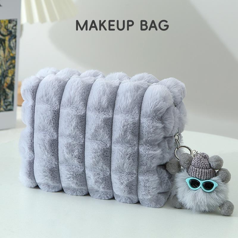 

Модна косметичка на шнурку з кролячого хутра - простора, плюшева, висококласне зберігання 20x11x9 шифер сірий колір