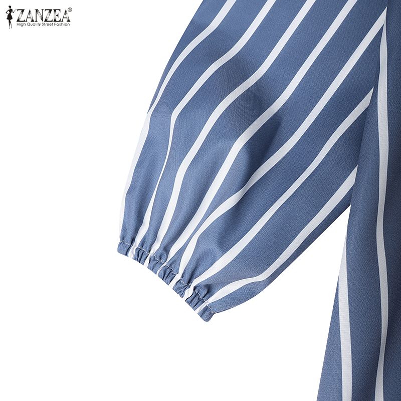 ZANZEA Women Casual Round Neck Long Sleeve Loose Stripe Long Dress