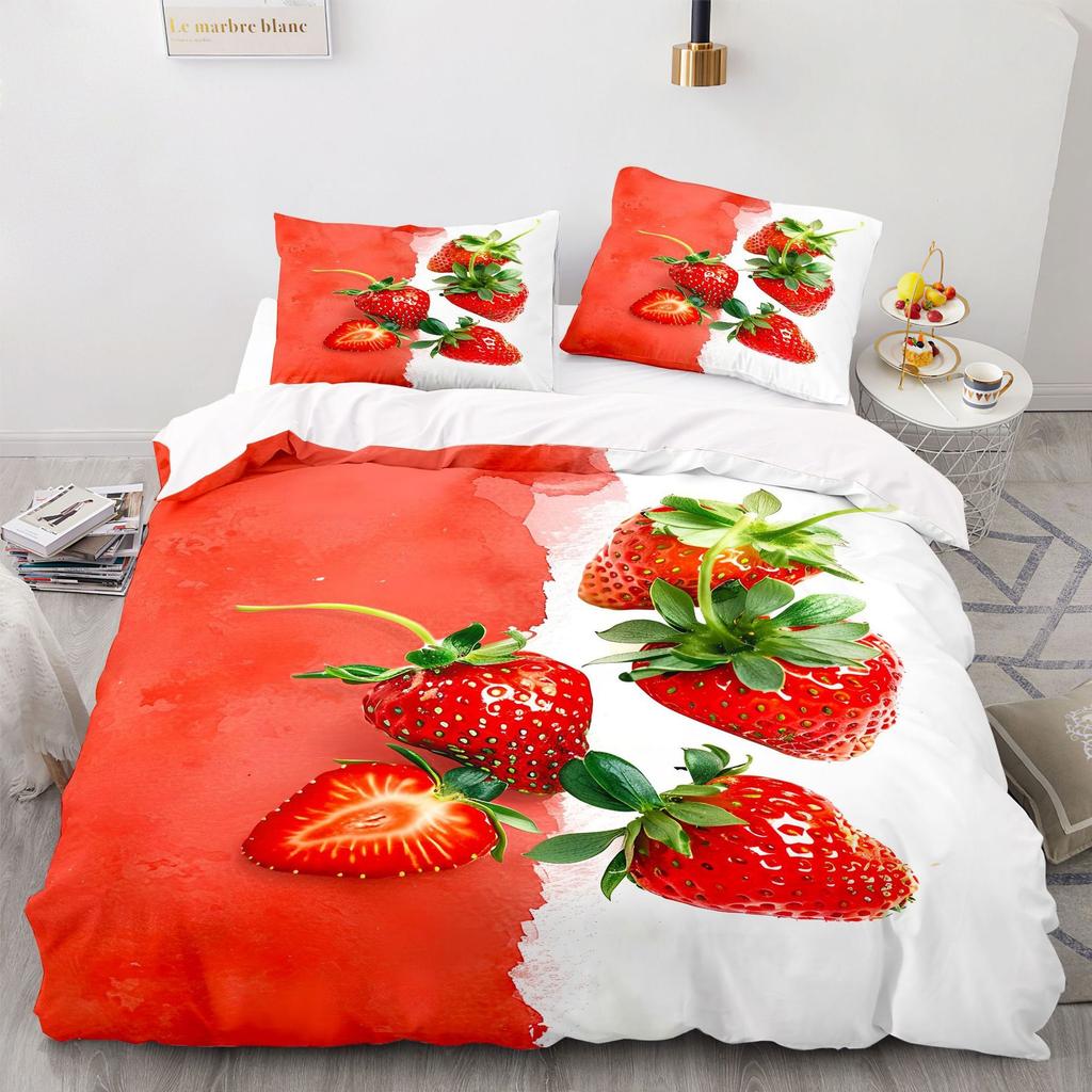 Strawberry Garden Duvet Cover & Pillowcases, Sweet Fruit Print Bedding Set Collection, Fresh & Romantic Bedroom Decor for Girls