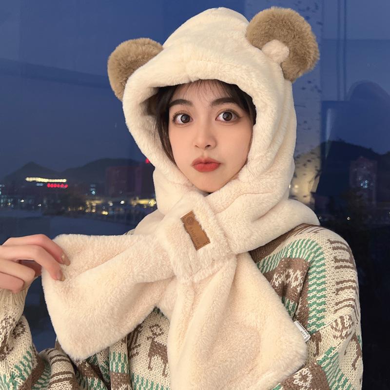 Lei Feng Hat Cold Proof and Warm Plush Bear Hat  Scarf One Piece Hat  Winter Scarf Two Piece Set Cycling One Piece Hat
