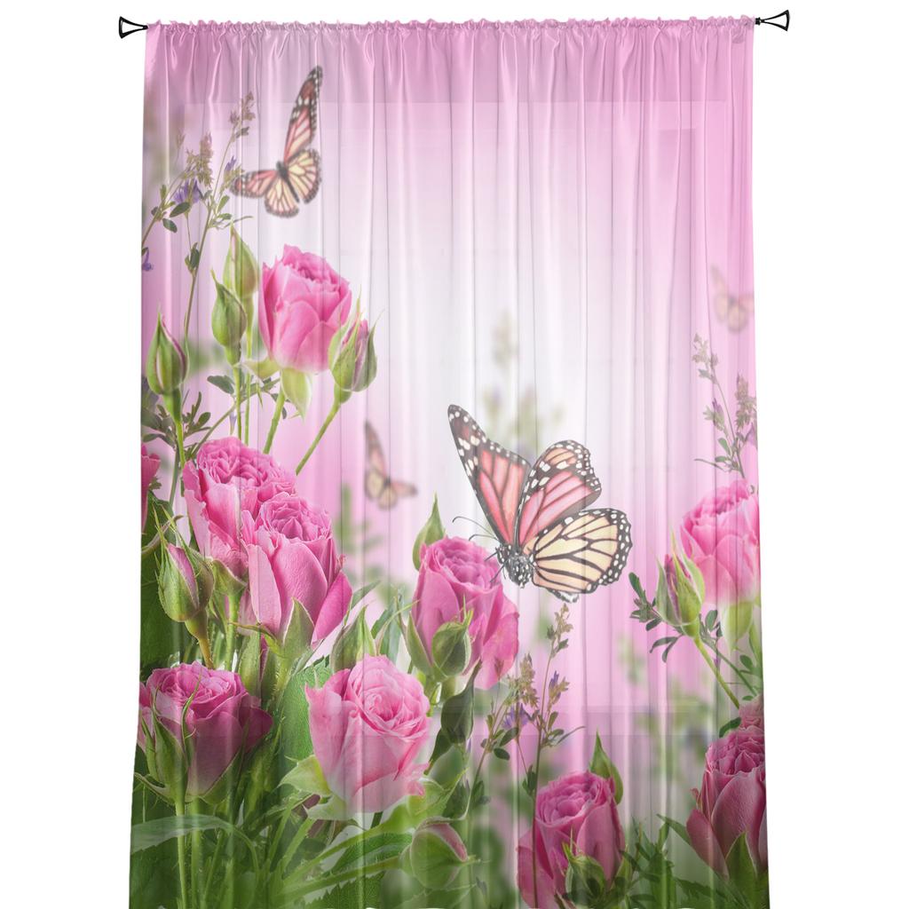 Rosa Rose Blume Schmetterling Vorhang für Wohnzimmer Transparent Tüll Vorhänge Fenster Sheer für das Schlafzimmer Zubehör Dekor