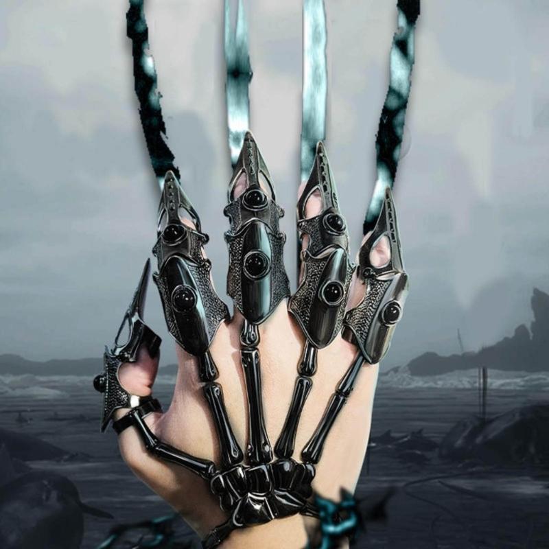 Gotycki Punk Rękawica Ręka Szkieletu Regulowany Metalowy Pazur Palca Szkielet Pełne Pierścienie na Palce na Halloween Cosplay i Imprezę