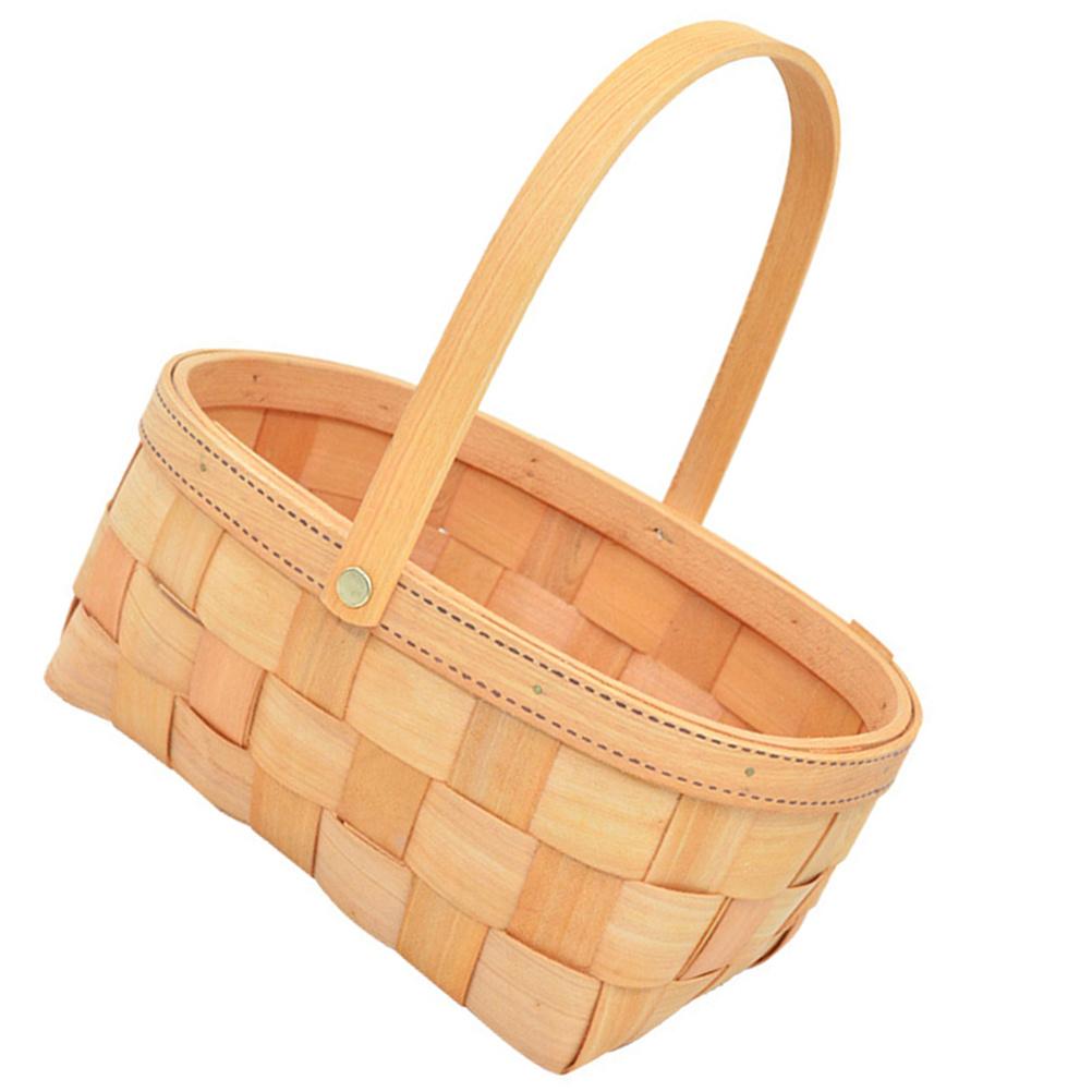 Woven Wooden Basket with Handle Eco-Friendly Portable Picnic Snack Carrier for Camping Outings Gifts Fruits Vegetables Storage