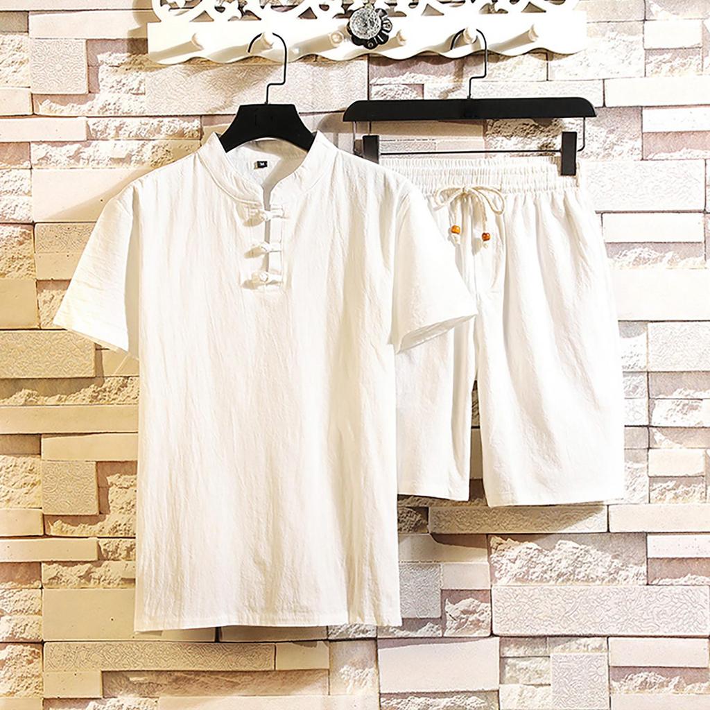 Men‘s Cotton Linen Set Color Short-Sleeved T-Shirt Large Size Casual Set