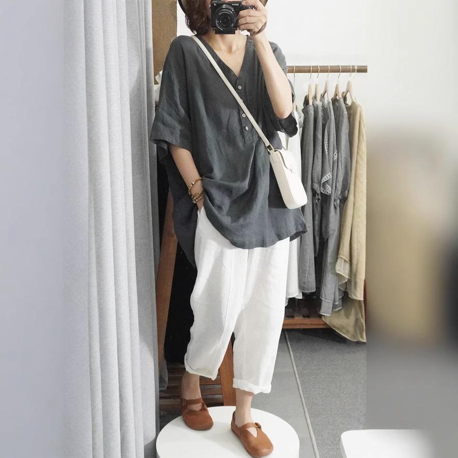 2025 Letní Retro Bavlněná Lněná Dámská Volná Tričko s Potiskem - Ležérní Krátký Rukáv