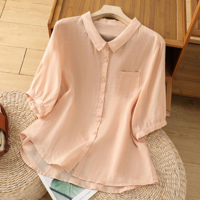 Algodón Lino Casual irt Mujer Verano Ajuste Holgado Versátil Color Agel Cinco Sve Cuello Flip Top