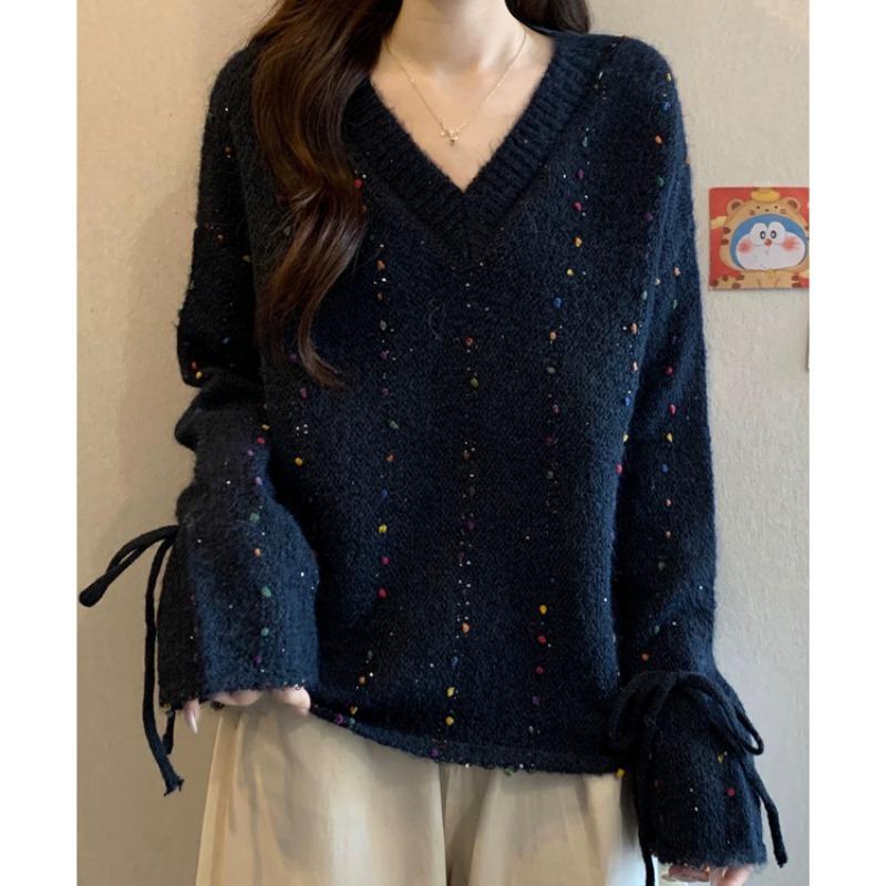 New Autumn and Winter Crocheted Fur Ball V-neck Pullovers Loose Drawstring Knitted Sweater OneSize 2980₽