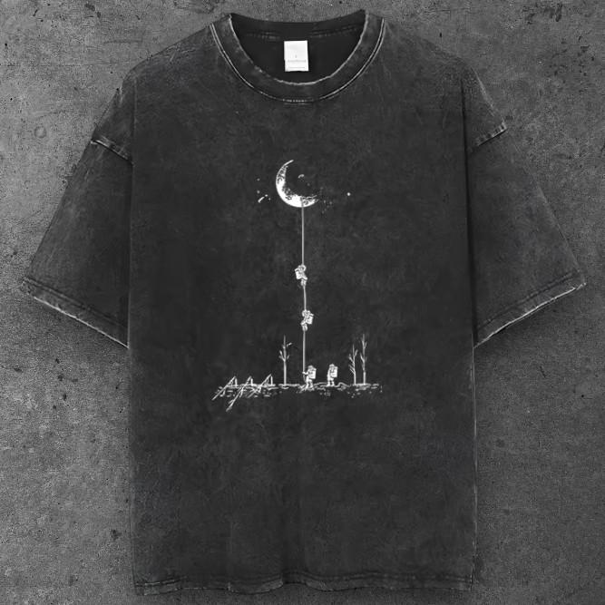 Unisex Crescent Moon Climb Graphic T Shirt Washed Black Y2K Streetwear S-2XL S разноцветный
