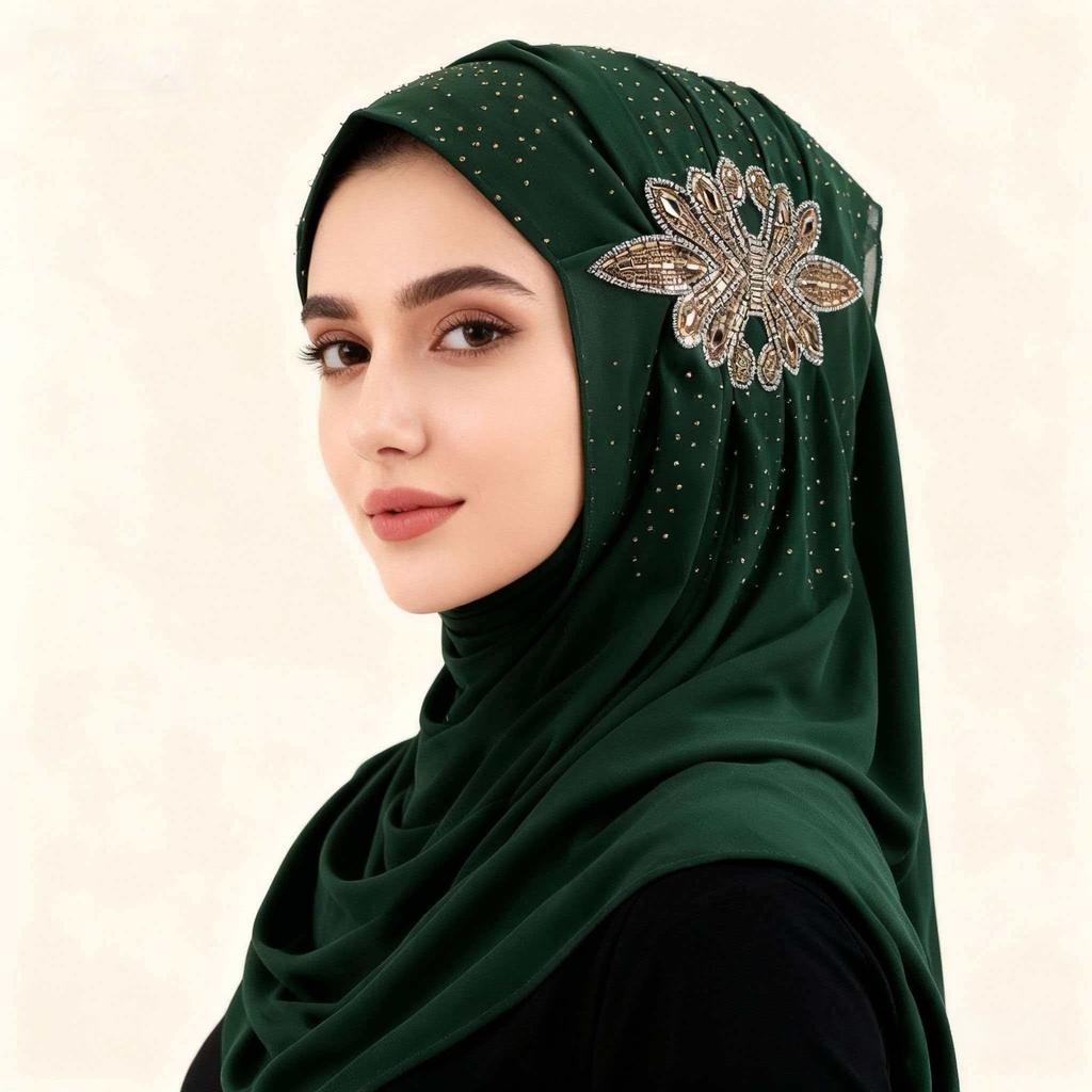 Luxury Rhinestone Chiffon Hijab Scarf Women Muslim Crystal Diamond Headscarf White Wedding Shawl Embroidered Beaded Turban Wrap