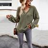 Autumn Winter Women Solid Color V Neck Knit Sweater Long Sleeve Top