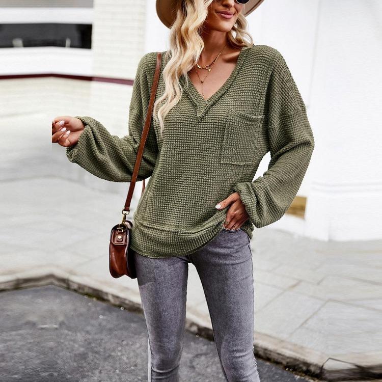 Autumn Winter Women Solid Color V Neck Knit Sweater Long Sleeve Top