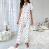Womens Cherry Print Pajama Set With Water-Soluble Embroidery Trim Short Sleeve Long Pants Loungewear Outfit
