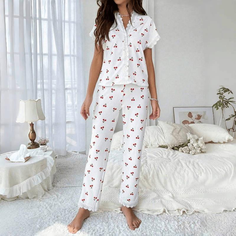 Womens Cherry Print Pajama Set With Water-Soluble Embroidery Trim Short Sleeve Long Pants Loungewear Outfit