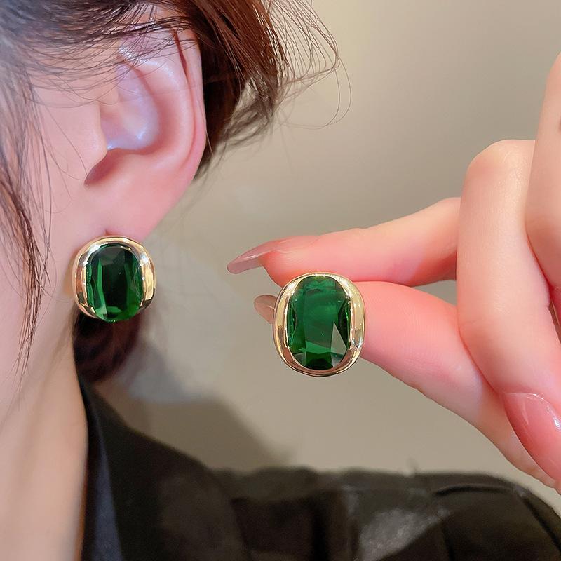Advanced Temperament Elegant Rhinestones Eearrings for Women's Jewelry Accessories Gifts Silver Needle Medieval Green lGeometric Square Design Arrings