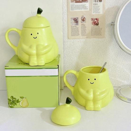 Keramický hrnek ve tvaru hrušky s víčkem Roztomilý vtipný hrnek na kávu a čaj se smějící tváří 450 ml Pohodlné ucho Nápojový hrnek Dárek k narozeninám Domácí dekorace