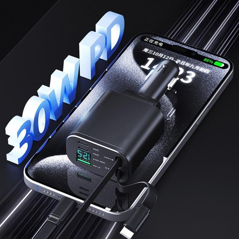 90W Double USB C Auto Charger Type C Retractable Cable Builts In Safety Protections for Multiple Devices Charging