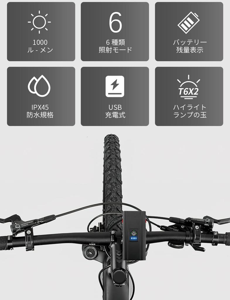 4800mAh USB Rechargeable Bicycle Headlight with 6 Dimming IPX5 Battery Level Power Outage and Emergency and Japanese Instruction Manual Included