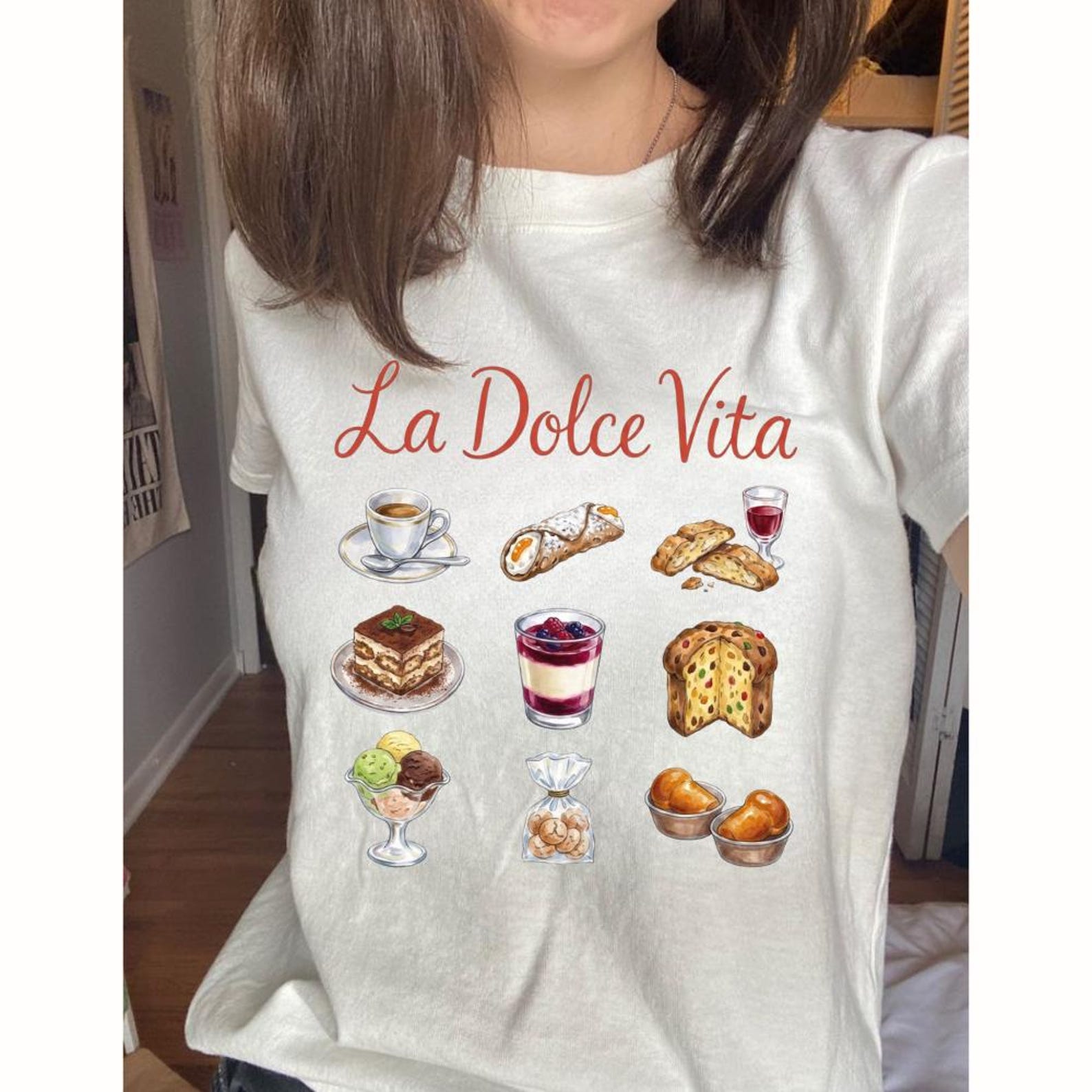 La Dolce Vita Italian Desserts T-Shirt – Coffee, Cannoli, Tiramisu Print, Vintage Italian Summer Shirt S