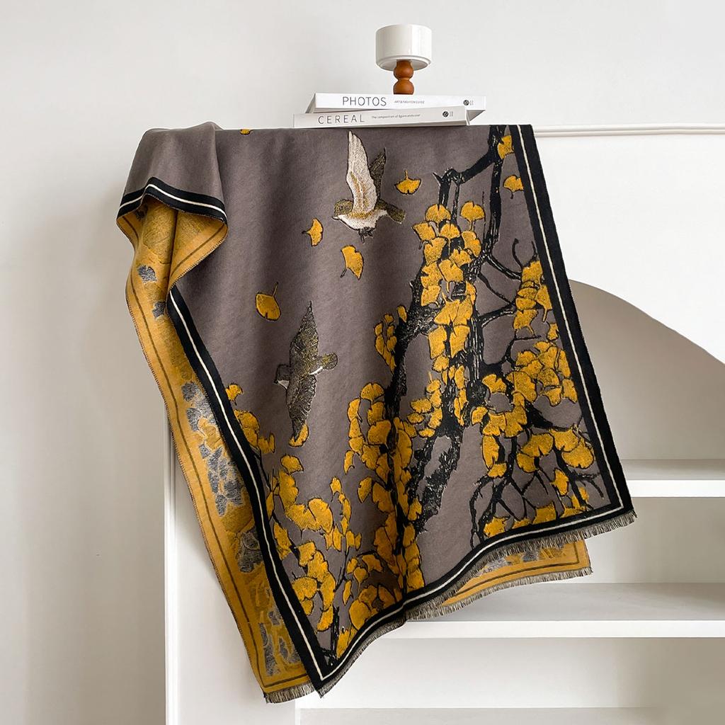 NEW Luxury Winter Cashmere Oil Painting Magnolia Design Scarf Women Warm Pashmina Blanket Poncho Scarves Female Elegance Shawl