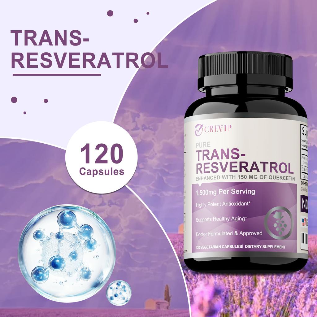 GREVIP Reine Trans-Resveratrol und Quercetin Kombinationskapseln, Leicht Absorbiert, 120 Kapseln, Geeignet für Erwachsene