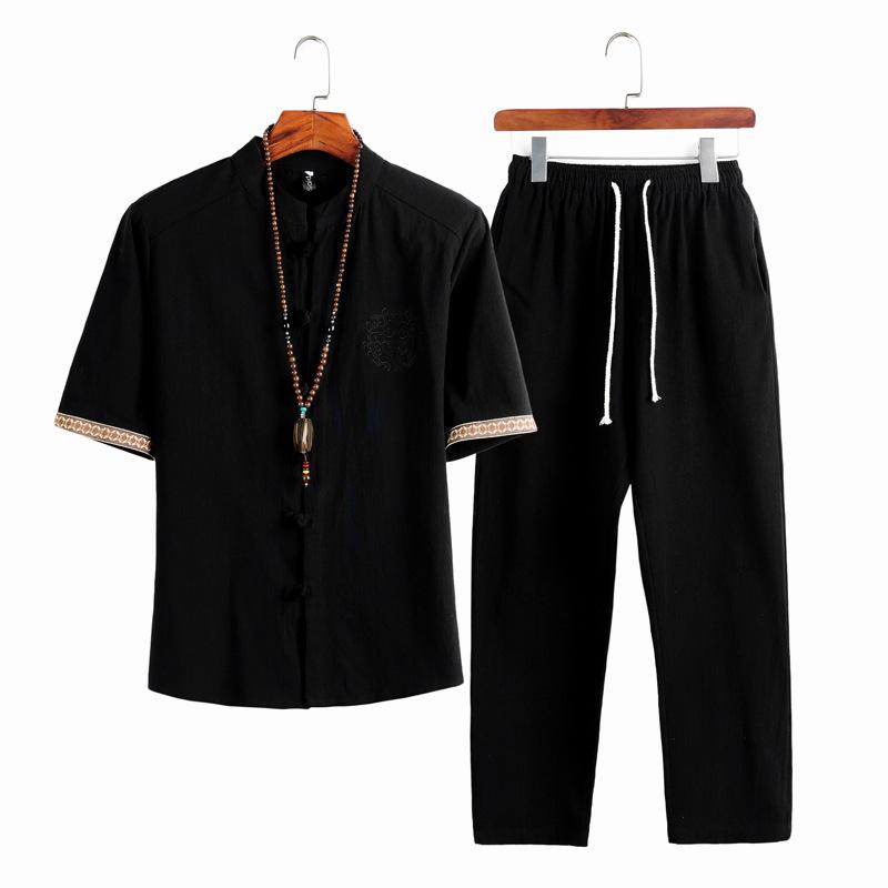 

Chinese Style Summer Cotton and Linen Shirt Suit Men s Retro Button Embroidered Linen Short-sleeved Shirt and Trousers Two-piece Set 5XL чорний