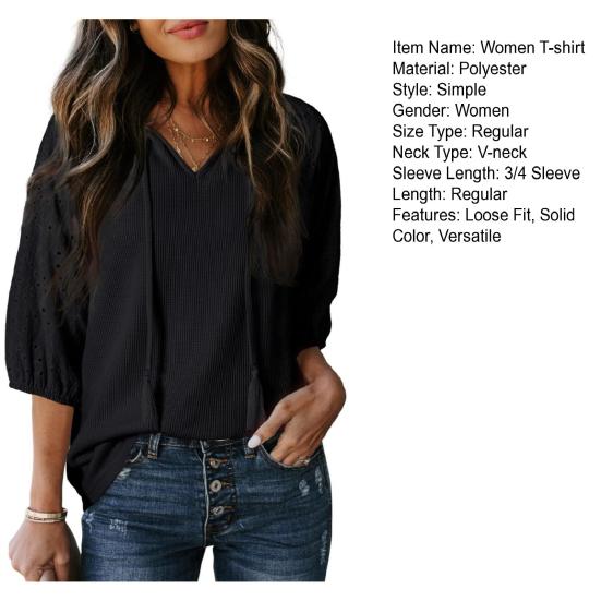 Women T-shirt V-Neck Jacquard Decor 3/4 Sleeves Pullover Tops Solid Color Loose Fit Tops Party Daily Wear