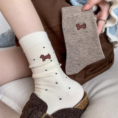 Female Autumn and Winter Warm Thickened Cartoon Dachshund Dog Embroidered Polka Dot Wool Drum Pile Socks