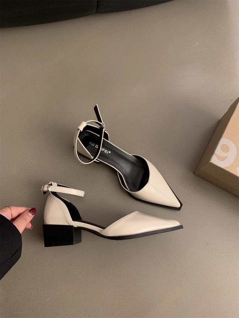Fashion Spring summer new niche temperament single shoe shallow mouth simple comfortable versatile casual black mid heel pointed sandals
