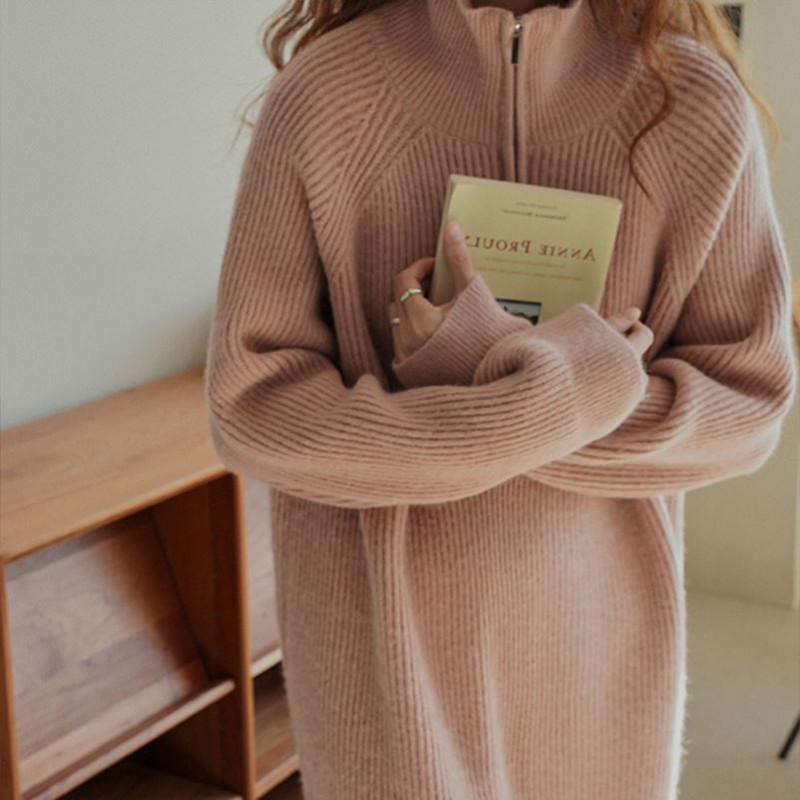 Over-knee Medium and Long Lapel Sweater Skirt Women's Autumn and Winter Loose and Lazy Inner Backing Knitted Dress Knitted Splicing