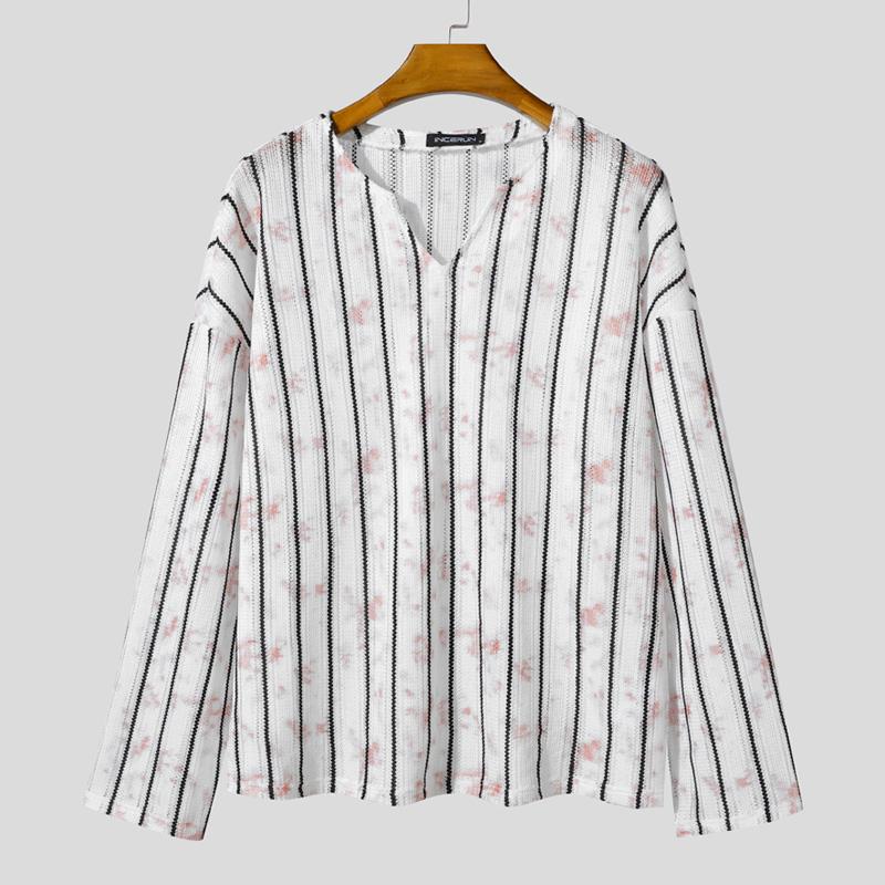 INCERUN Men Long Sleeve Striped Crochet Hollow Semi-Sheer Texture Tops T-shirts